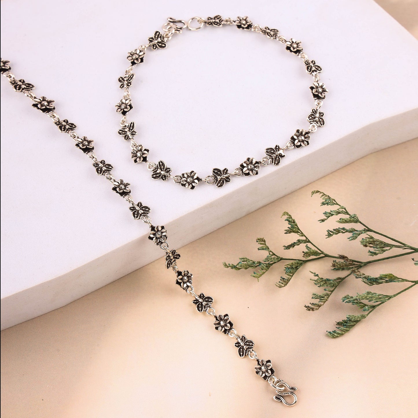 Pure Silver Oxidized Anklet with Butterfly & Flower Design | 200470