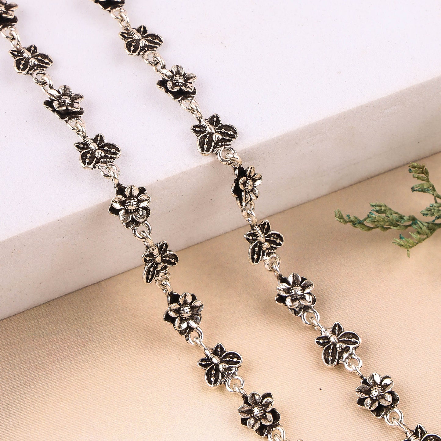 Pure Silver Oxidized Anklet with Butterfly & Flower Design | 200470