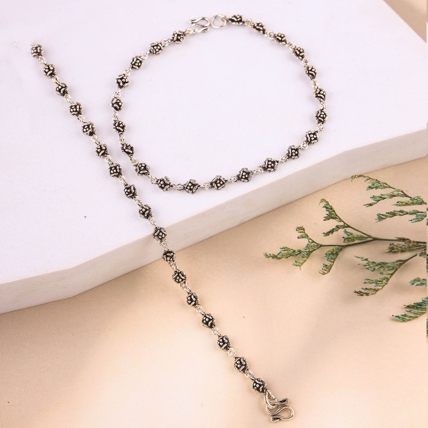 Pure Silver Oxidized Anklet with Flower Design | 200471