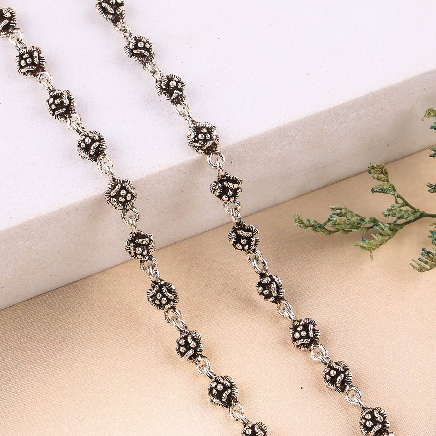 Pure Silver Oxidized Anklet with Flower Design | 200471